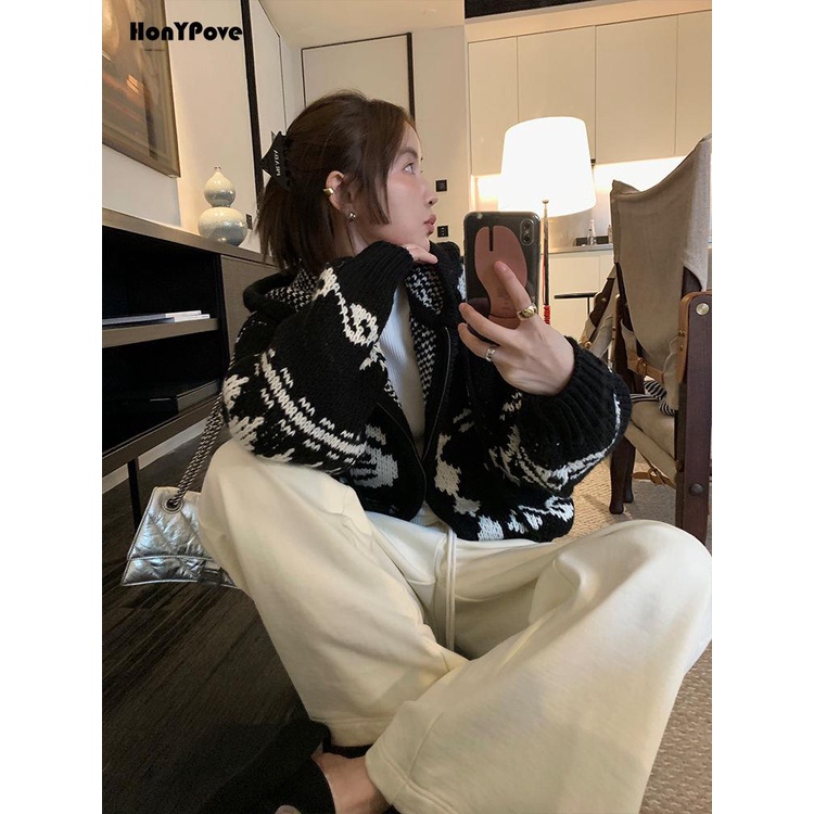 Honypove Áo Khoác sweater Có Mũ Trùm Dáng Rộng Vải Len Dày Hai Màu Sắc Tương Phản Ấm Áp Kiểu retro Giáng Sinh