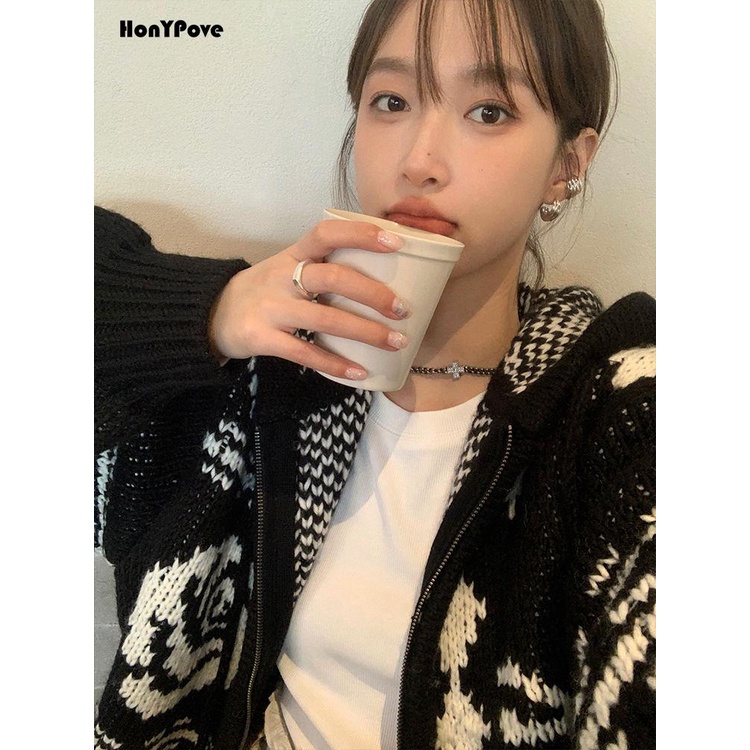 Honypove Áo Khoác sweater Có Mũ Trùm Dáng Rộng Vải Len Dày Hai Màu Sắc Tương Phản Ấm Áp Kiểu retro Giáng Sinh