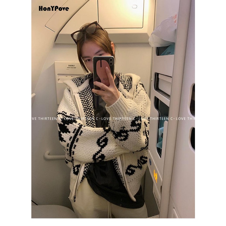 Honypove Áo Khoác sweater Có Mũ Trùm Dáng Rộng Vải Len Dày Hai Màu Sắc Tương Phản Ấm Áp Kiểu retro Giáng Sinh