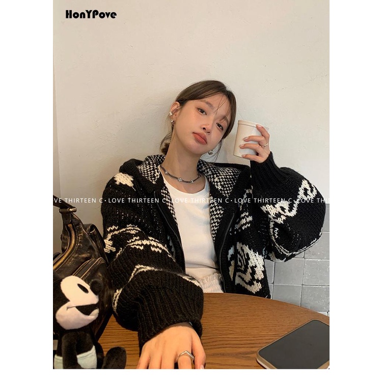 Honypove Áo Khoác sweater Có Mũ Trùm Dáng Rộng Vải Len Dày Hai Màu Sắc Tương Phản Ấm Áp Kiểu retro Giáng Sinh