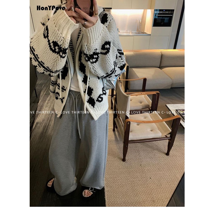 Honypove Áo Khoác sweater Có Mũ Trùm Dáng Rộng Vải Len Dày Hai Màu Sắc Tương Phản Ấm Áp Kiểu retro Giáng Sinh