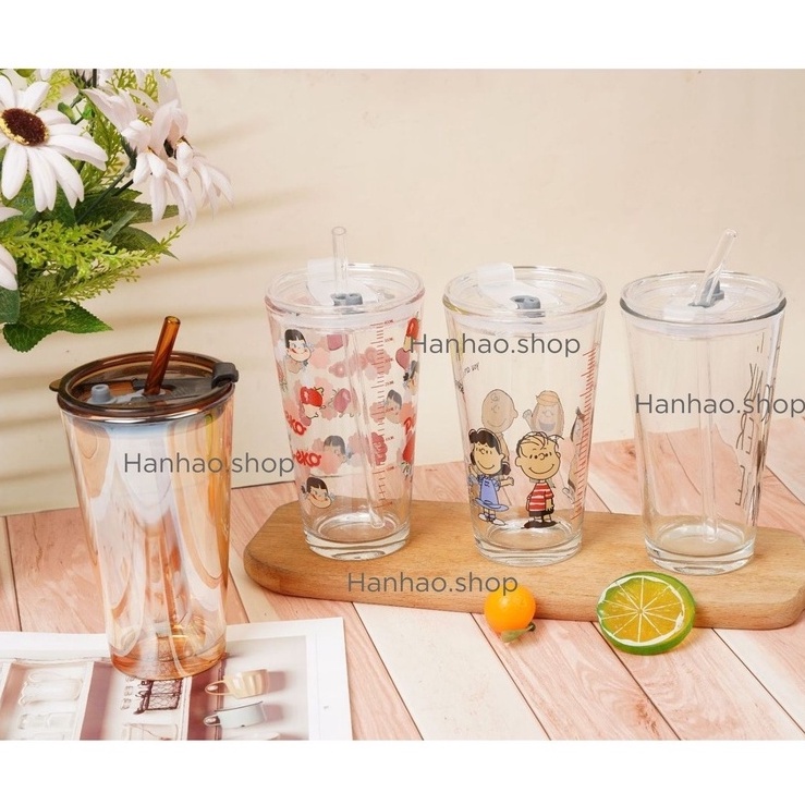 Cốc thủy tinh có nắp và ống hút thủy tinh, ly thủy tinh chia vạch 350 ml có nắp chống tràn và ống hút thủy tinh