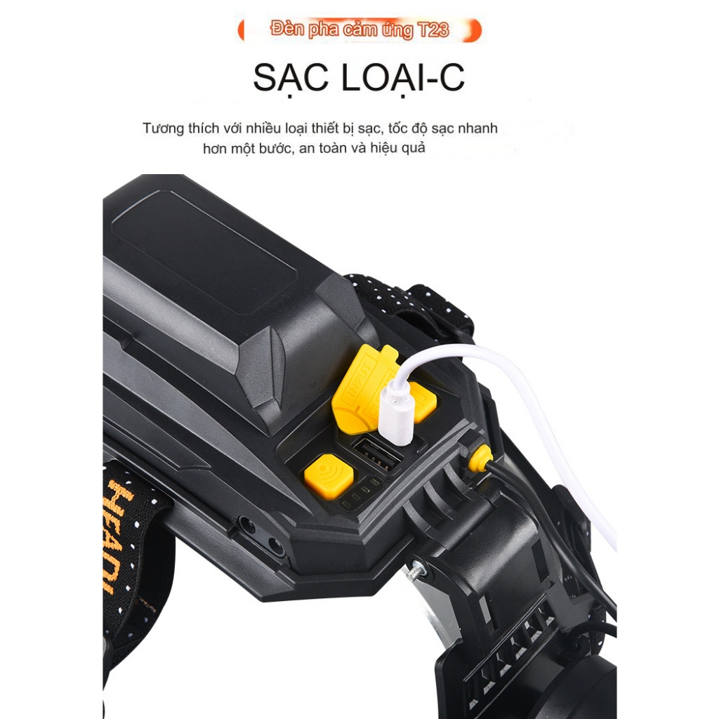 Đèn Pin Đội Đầu Siêu Sáng Pin Trâu Sử Dụng Trên 8 Tiếng Chiếu Xa 500-800m Công Xuất Lớn Ánh Sáng Trắng Cảm Biến Bằng Tay