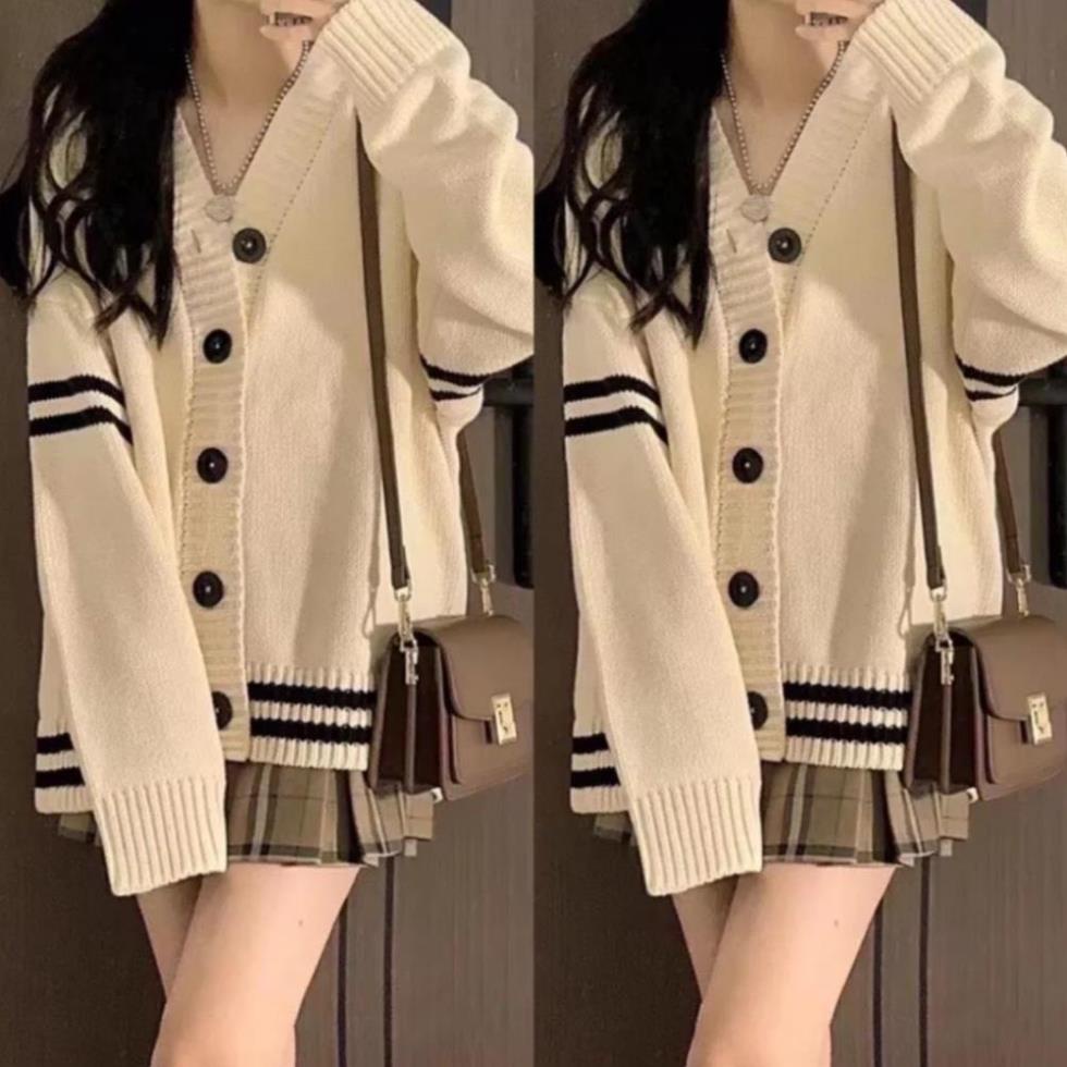 Áo cadigan phối sọc ngang dáng rộng trùm mông AO32