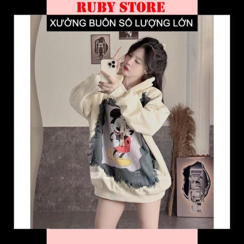 Áo Hoodie Đắp Vải Hình Mickey Mũ 2 Lớp Mang Thu Đông Ấm Áp