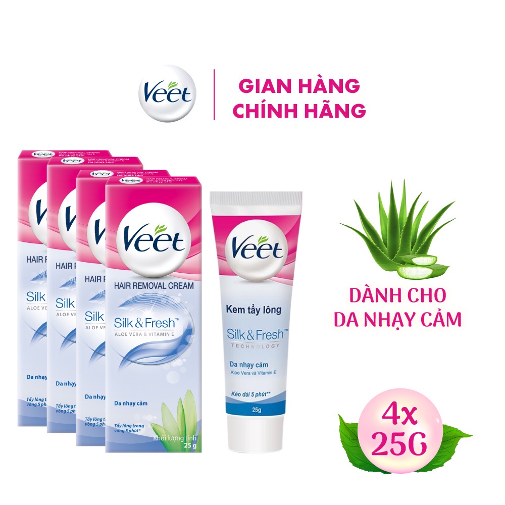 Combo 4 tuýp Kem tẩy lông cho da nhạy cảm Veet Silk Fresh 25G/tuýp