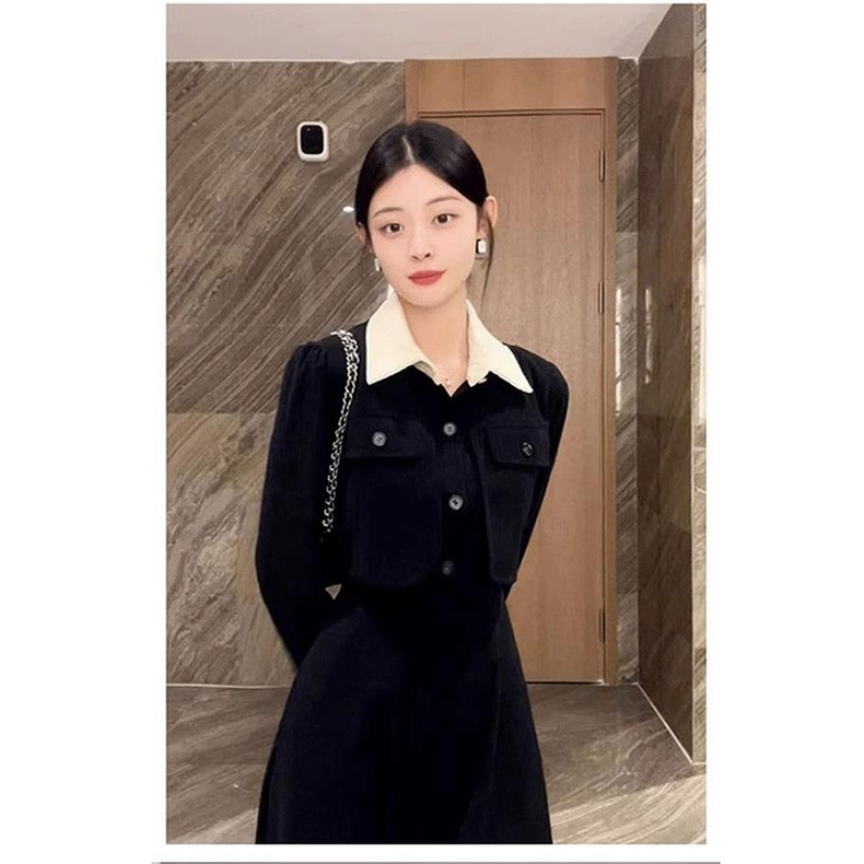 Đầm Dài Giả Hai Mảnh Màu Đen Phong Cách Pháp Thời Trang Mùa Thu 2023