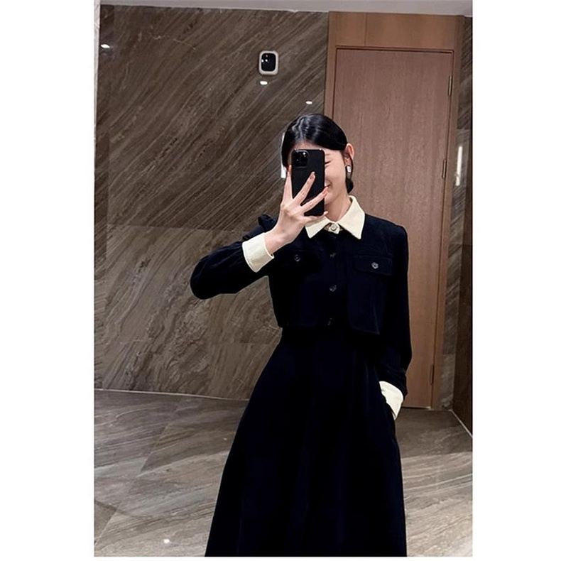 Đầm Dài Giả Hai Mảnh Màu Đen Phong Cách Pháp Thời Trang Mùa Thu 2023