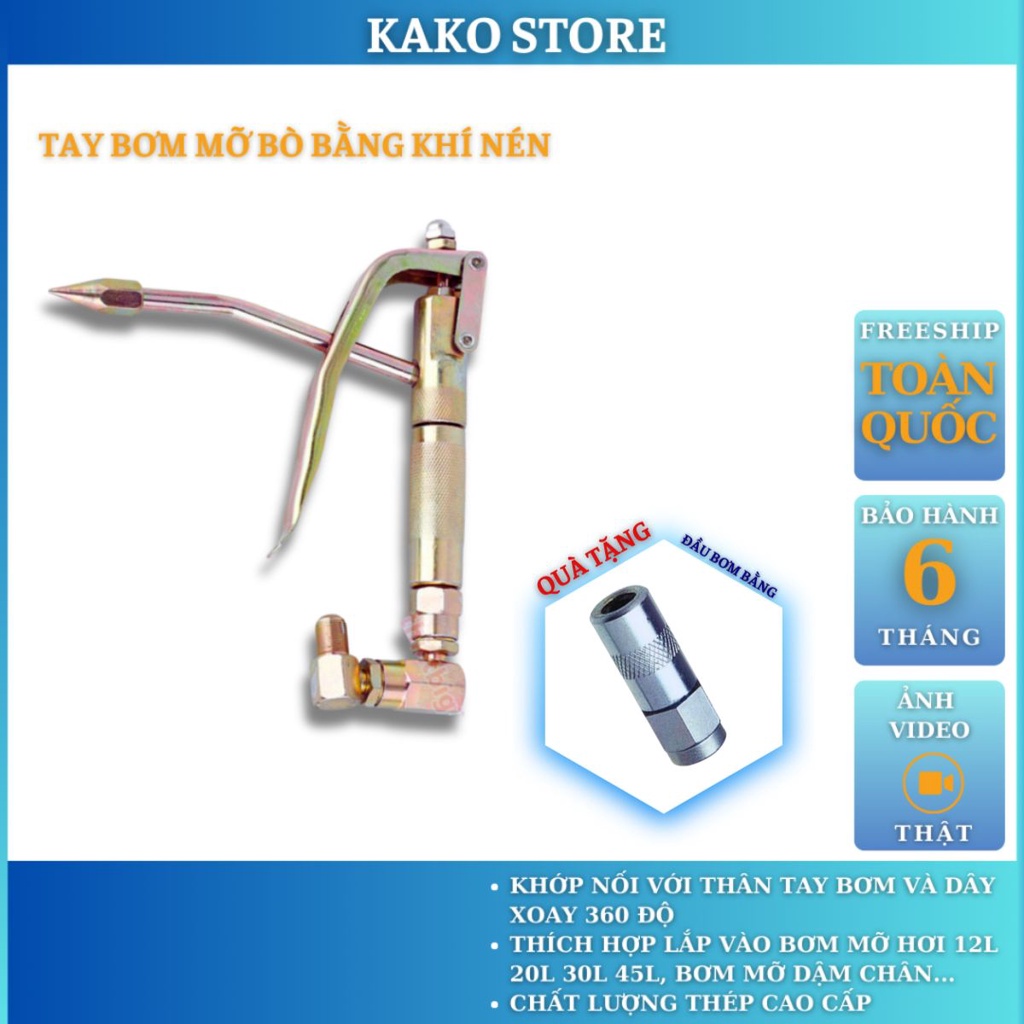 Súng bơm mỡ hơi, tay bơm mỡ bò bằng khí nén Kako, ứng dụng cho máy từ 12L 20L 30L