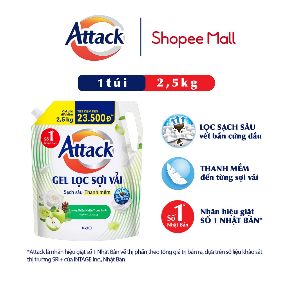 [Mua 3 tặng 1kg] Gel Giặt Attack Hương Thiên Nhiên Trong Lành Túi 2.5Kg