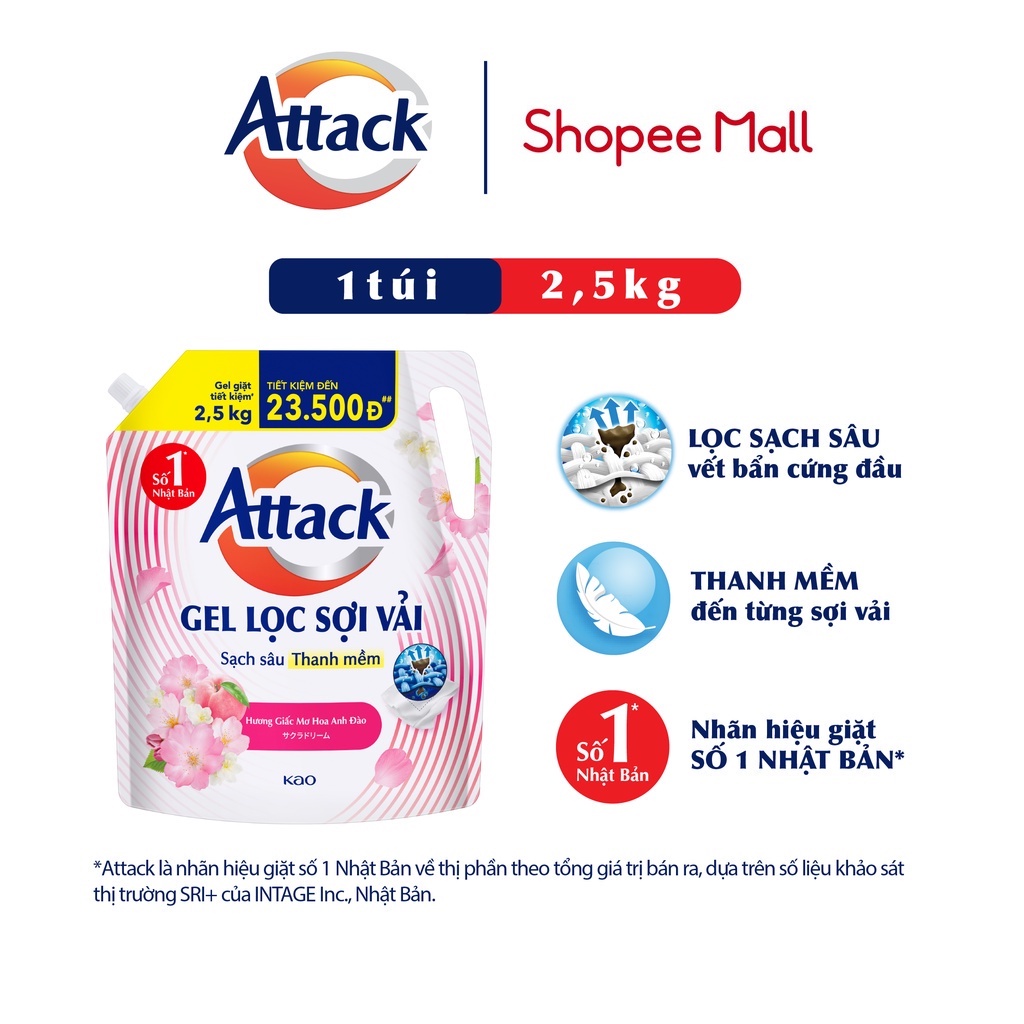 [Mua 3 tặng 1kg] Gel Giặt Attack Hương Giấc Mơ Hoa Anh Đào Túi 2.5Kg