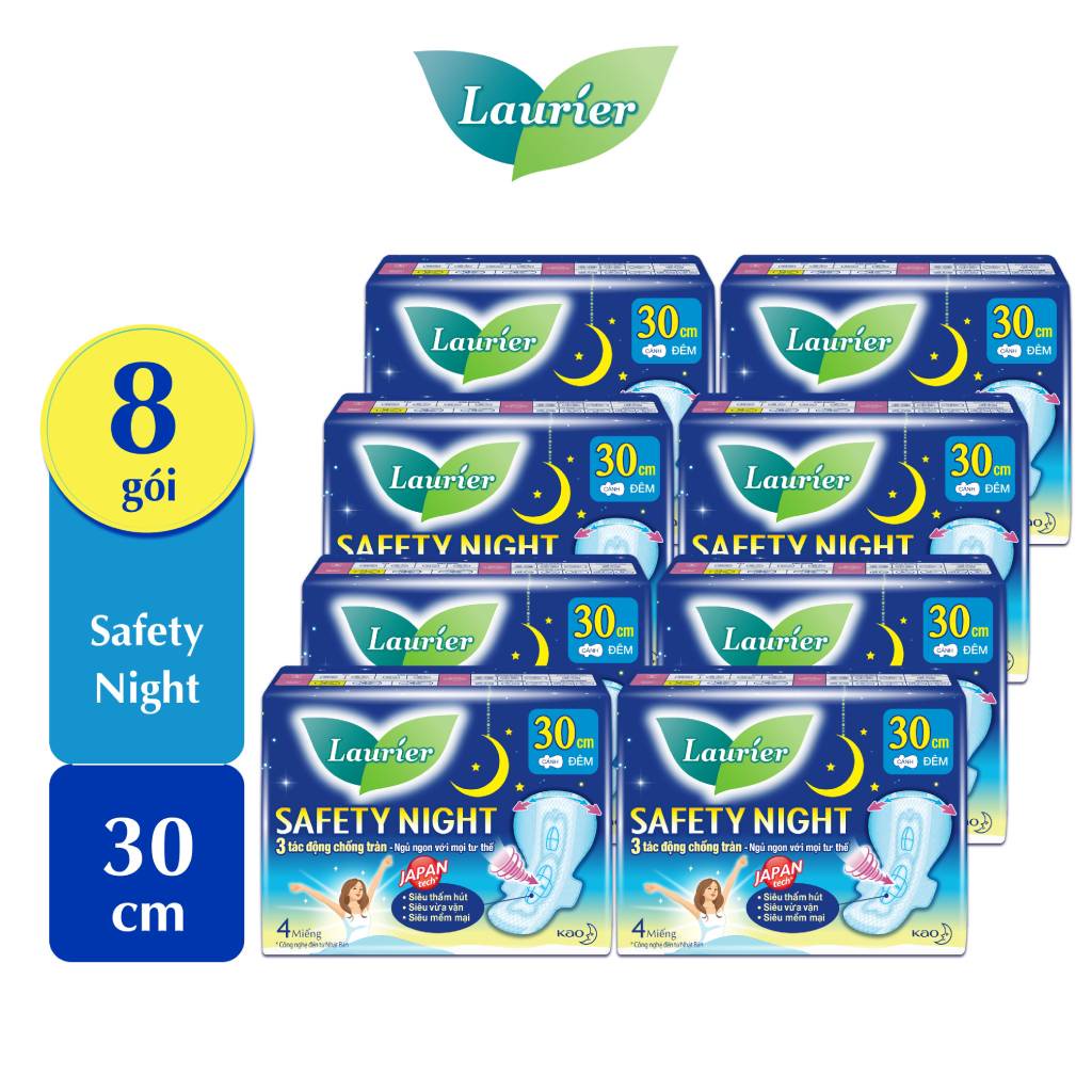 Combo 8 gói Băng vệ sinh Laurier Safety Night Đêm Siêu An Toàn 30cm 4 miếng