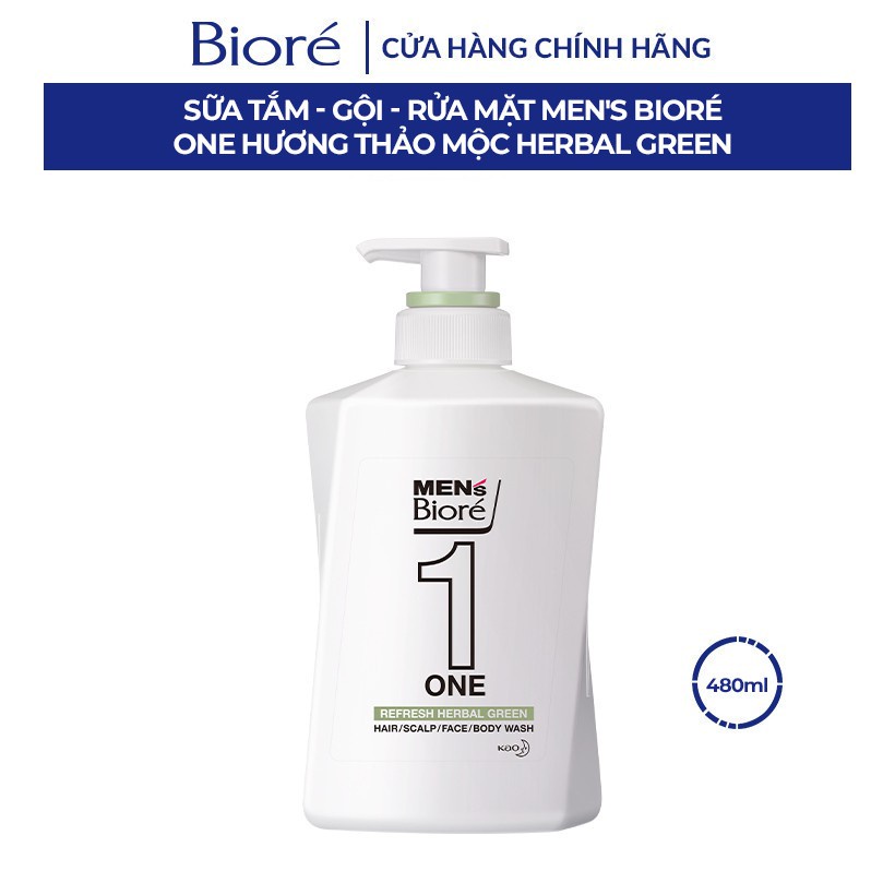 Sữa Tắm - Gội - Rửa Mặt Men's Bioré One Hương Thảo Mộc Herbal Green 480ml