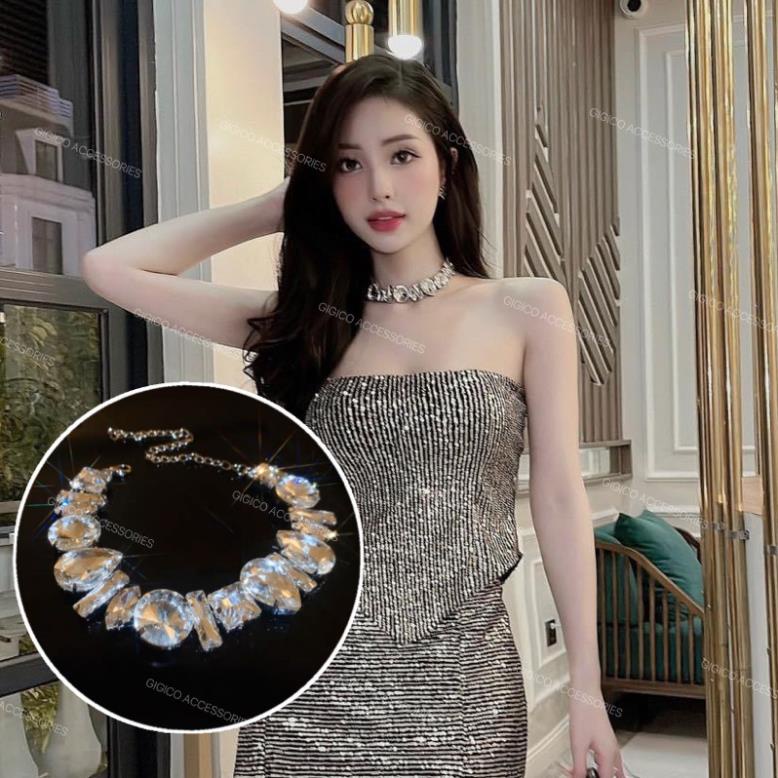 Choker Vòng Cổ Đá Sáng Sang Trọng Dành Cho Nữ Bling Bling choker đá tròn vuông K001