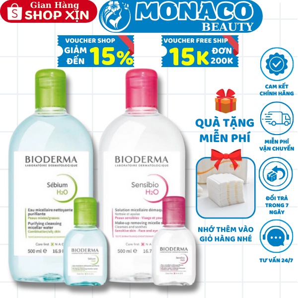 Nước Tẩy Trang Bioderma Cho Da Dầu Mụn Sebium, Da Nhạy Cảm Sensibio H2O Pháp 100ml - 250ml - 500ml 0