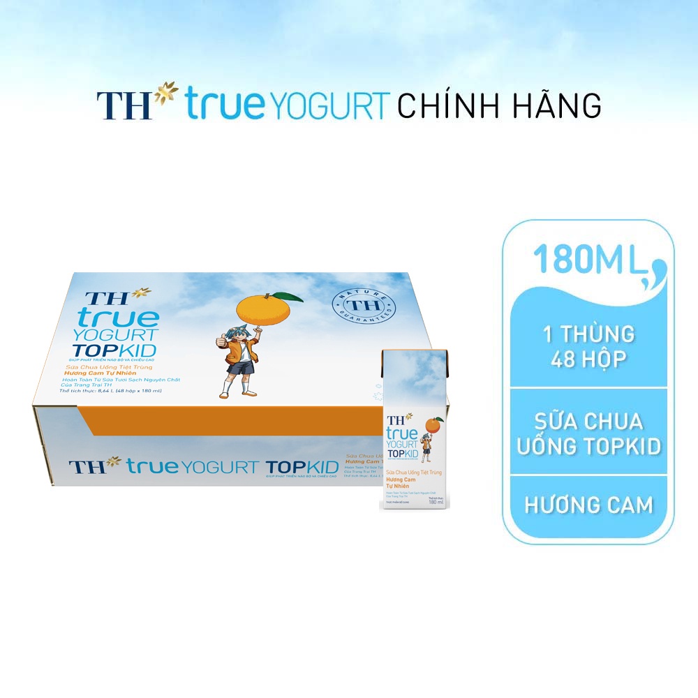 Thùng 48 hộp sữa chua uống tiệt trùng TH true YOGURT TOPKID hương cam tự nhiên 180ml