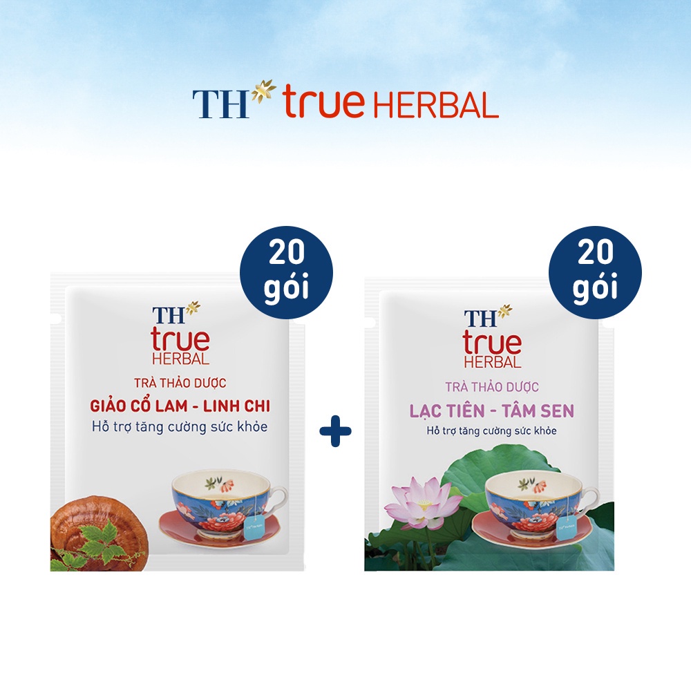 Bộ 2 hộp Trà thảo dược Giảo cổ lam – Linh chi & Trà Lạc tiên – Tâm sen TH True Herbal (40 gói)