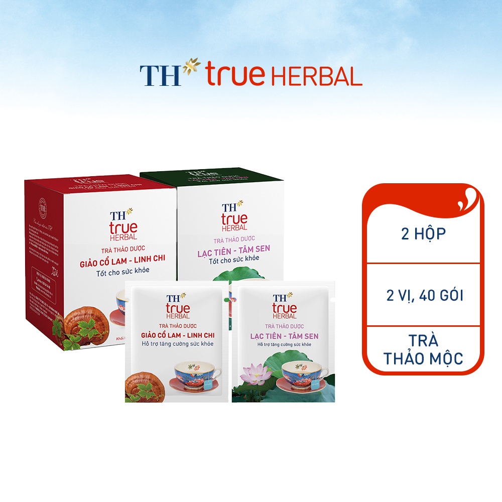 Bộ 2 hộp Trà thảo dược Giảo cổ lam – Linh chi & Trà Lạc tiên – Tâm sen TH True Herbal (40 gói)