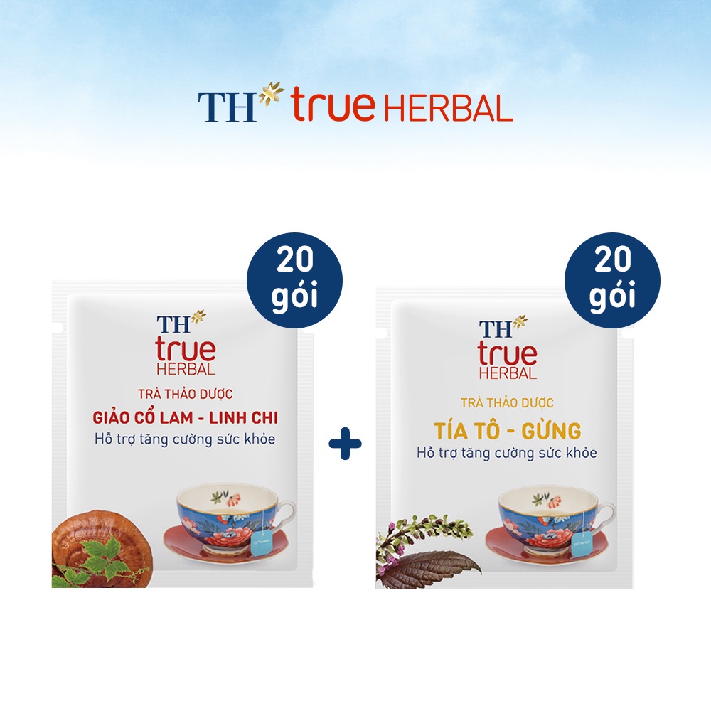 Bộ 2 hộp Trà thảo dược Giảo cổ lam – Linh chi & Trà Tía tô – Gừng TH True Herbal (40 gói)