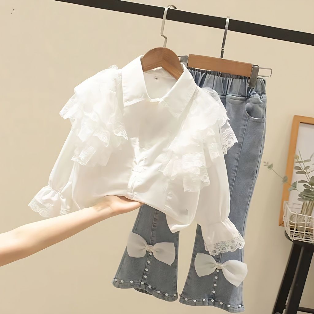 Bộ Áo Ren + Quần Jean Dài Thời Trang Xuân Thu Phong Cách Mới 2023 Cho Bé Gái
