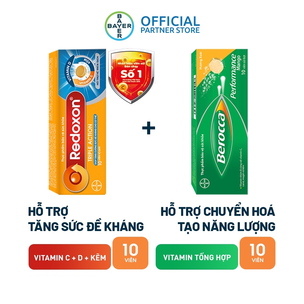 Combo Viên sủi Vitamin C, D, và Kẽm Redoxon Triple Action 10 viên & Viên sủi Vitamin Berocca Performance 10 viên