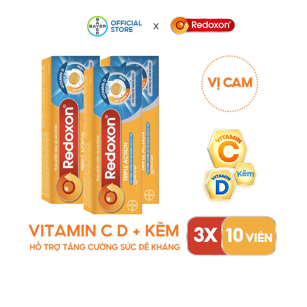 Bộ 3 Viên sủi bổ sung Vitamin C, D, và Kẽm Redoxon Triple Action 10 viên/hộp