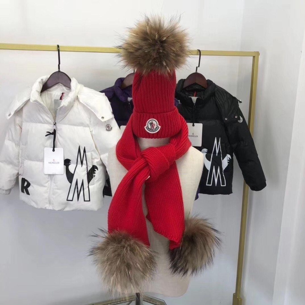 MONCLER Mũ Len Dệt Kim Kèm Khăn Choàng Dày Dặn Giữ Ấm Mùa Thu Đông Cho Bé Trai Và Bé Gái