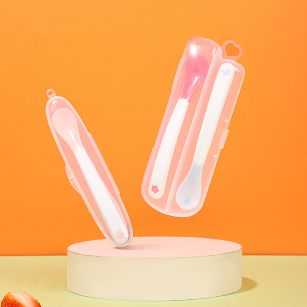 Thìa ăn dặm cảm biến nhiệt báo nóng có hộp, Muỗng ăn dặm mềm có báo nóng, thìa an toàn và đáng tin cậy cho bé