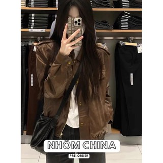 Sẵn Hàng -Áo khoác da dáng ngắn kiểu Basic màu nâu mùa thu phong cách retro Mỹ 2023 - áo jacket da dáng ngắn cho nữ