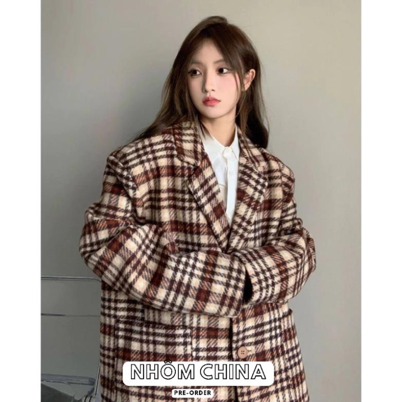 Áo khoác dạ blazer kẻ sọc túi hộp kiểu dáng ngọt ngào ấm áp - áo blazer kẻ sọc cho nữ