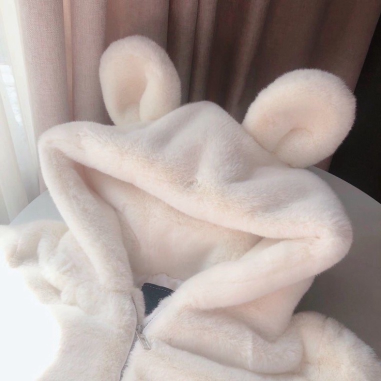 Áo Khoác Lông Có Mũ Phối Tai Gấu Mèo - Áo Lông Khoác Ngoài Form Rộng 2 Màu Unisex