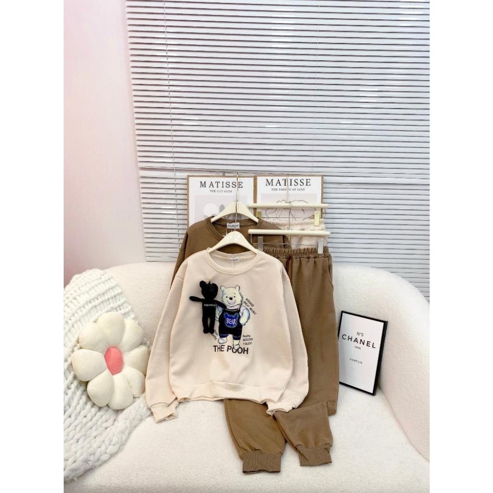 Set Bộ Đồ Nữ Mùa Đông Áo Nỉ Dài Tay Cổ Tròn Gấu The Pooh Mix Quần Nỉ Dài Bo Gấu Màu Nâu Freesize