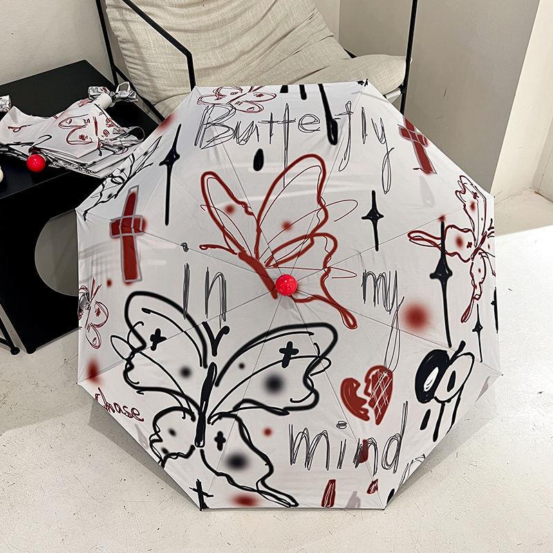 Dù Gấp Tự Động Che Nắng Mưa Chống Tia uv Bằng vinyl In Hình Bướm Màu Tối Cho Nữ