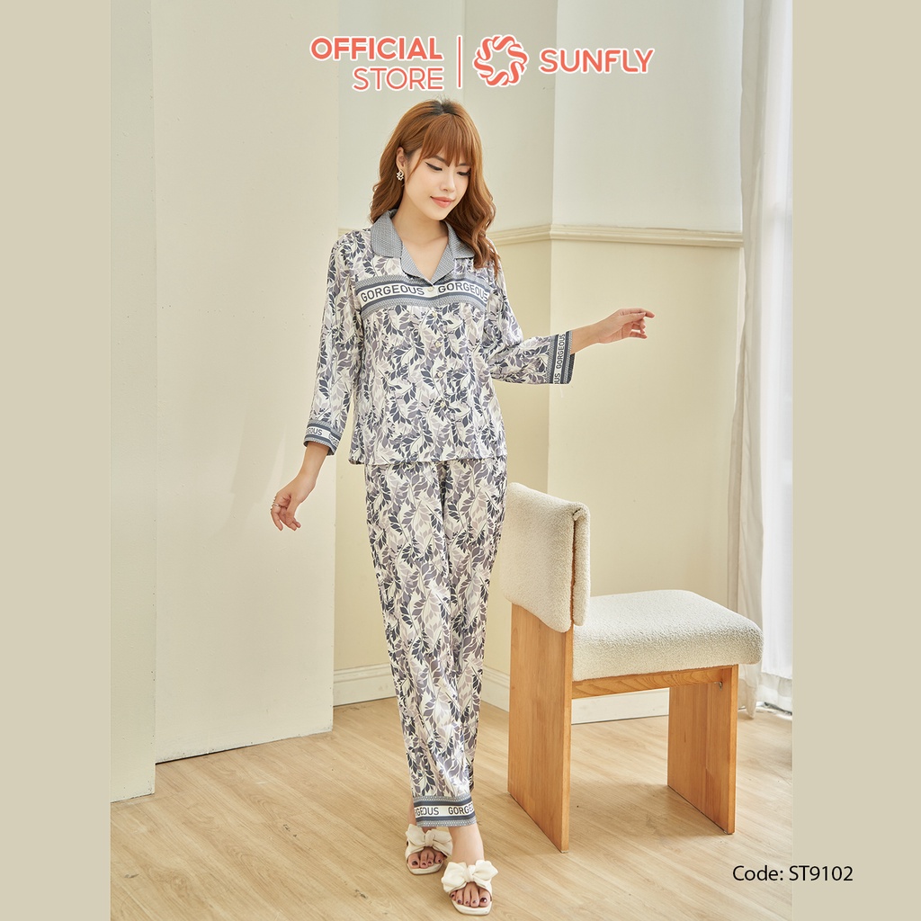 Bộ Đồ Mặc Nhà Nữ Pyjamas Lụa SUNFLY Áo Tay Lỡ Quần Dài ST8887 - ST9102