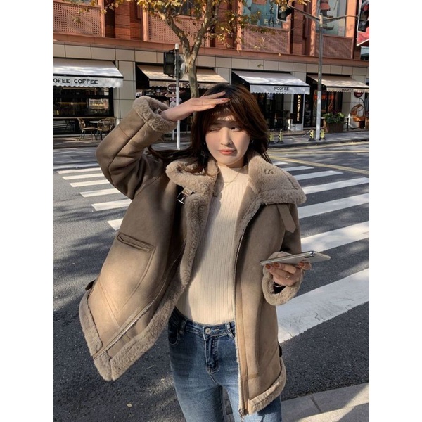 Áo Khoác Da Lộn Lót Lông Túi Khóa Siêu Dày