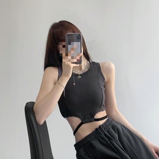Áo ba lỗ nữ cổ tròn phối dây eo GenY, Áo croptop nữ sát nách phối dây chất thun gân dày dặn 3LDE