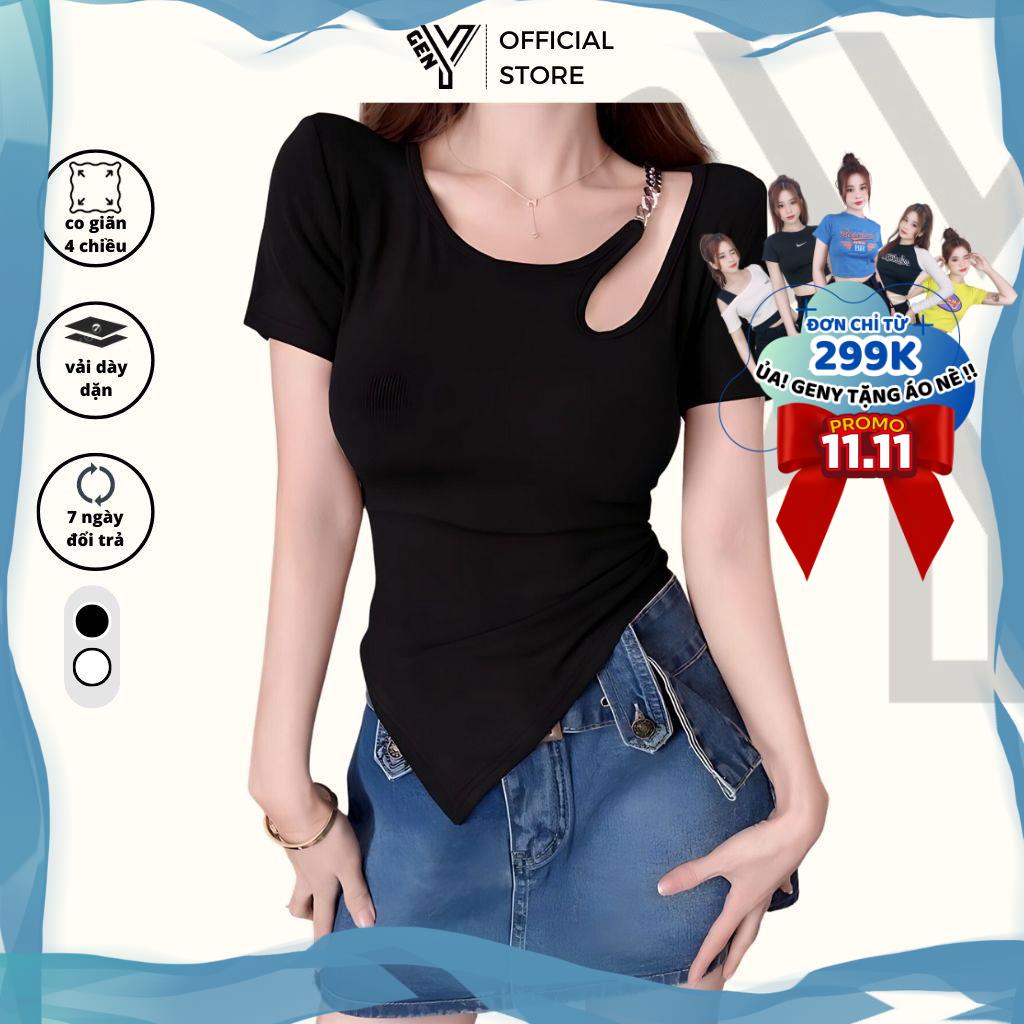 Áo kiểu nữ ngắn tay form dài GenY, áo croptop vạt nhọn cổ phối xích chất thun gân mềm mịn -C4-