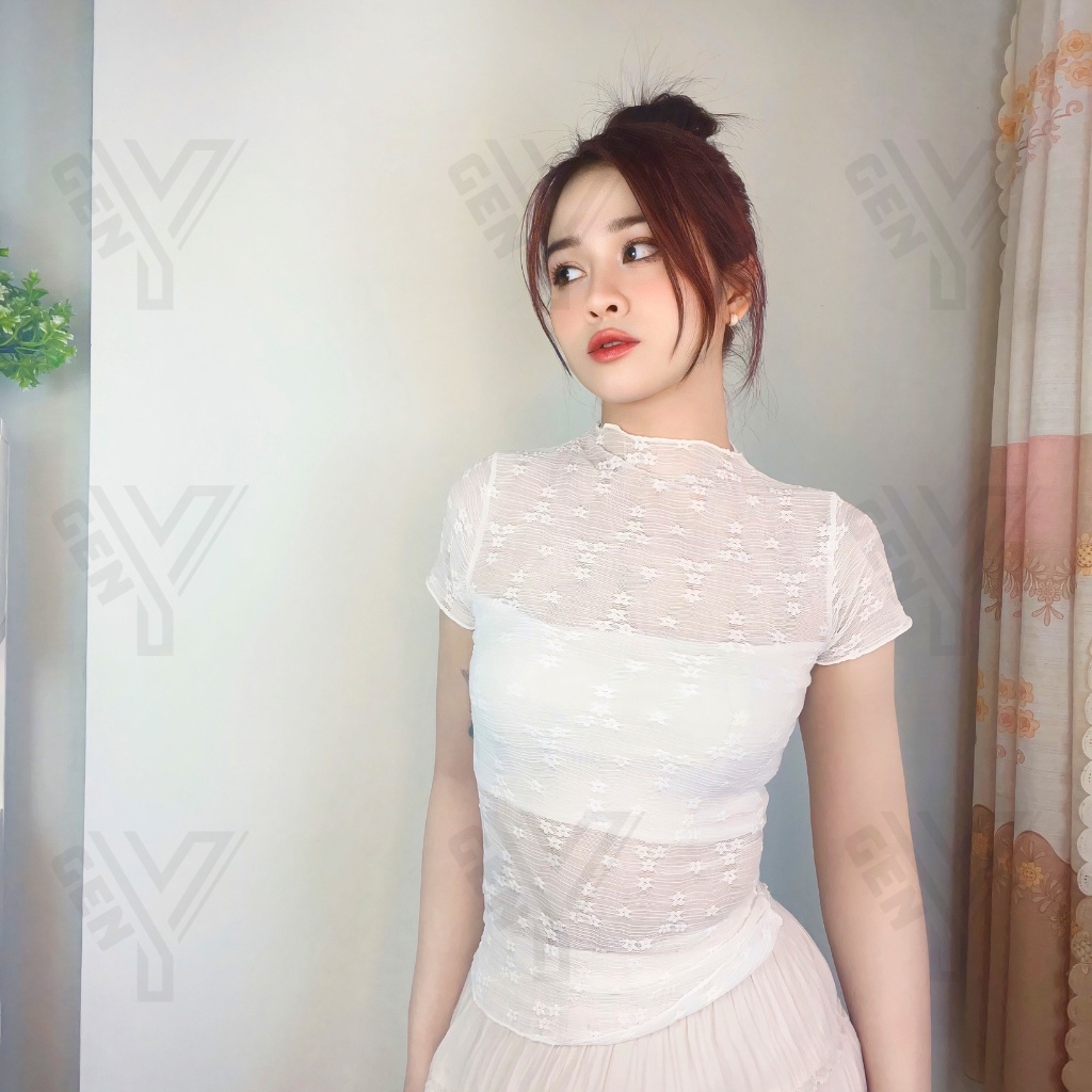 Áo kiểu nữ lưới hoa GenY ngắn tay cổ tròn chất vải lưới mềm mại có thêu hoa nhí mặc siêu thoáng mát C16