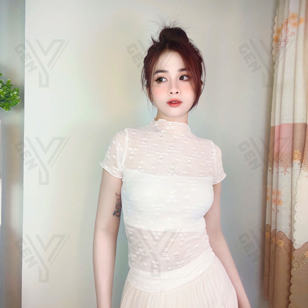Áo kiểu nữ lưới hoa GenY ngắn tay cổ tròn chất vải lưới mềm mại có thêu hoa nhí mặc siêu thoáng mát C16