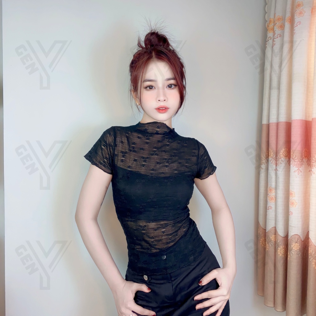 Áo kiểu nữ lưới hoa GenY ngắn tay cổ tròn chất vải lưới mềm mại có thêu hoa nhí mặc siêu thoáng mát C16