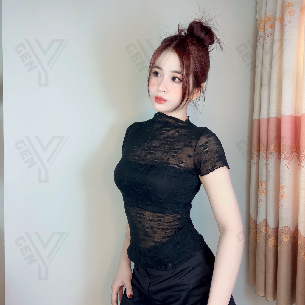 Áo kiểu nữ lưới hoa GenY ngắn tay cổ tròn chất vải lưới mềm mại có thêu hoa nhí mặc siêu thoáng mát C16