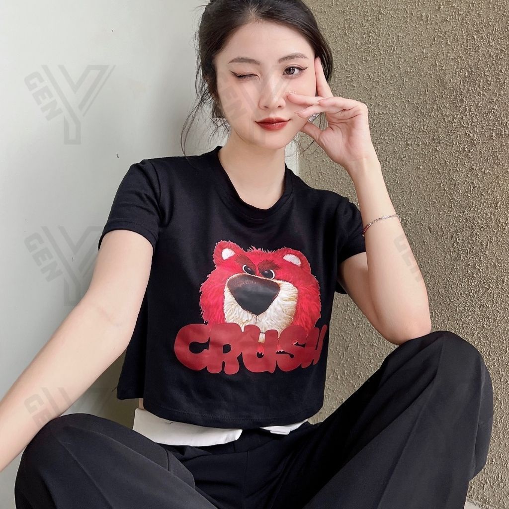 Áo croptop nữ GenY in hoạ tiết hình gấu dâu cực xinh, Áo kiểu nữ ngắn tay cổ tròn in hoạ tiết -C39-