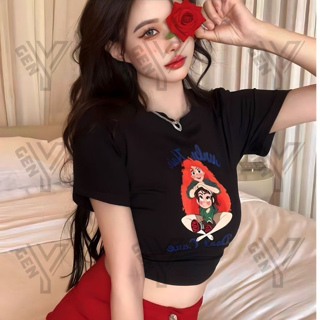 Áo croptop nữ GenY ngắn tay cổ tròn in hoạ tiết, Áo kiểu nữ ôm body chất thun borip loại 1 -C26-