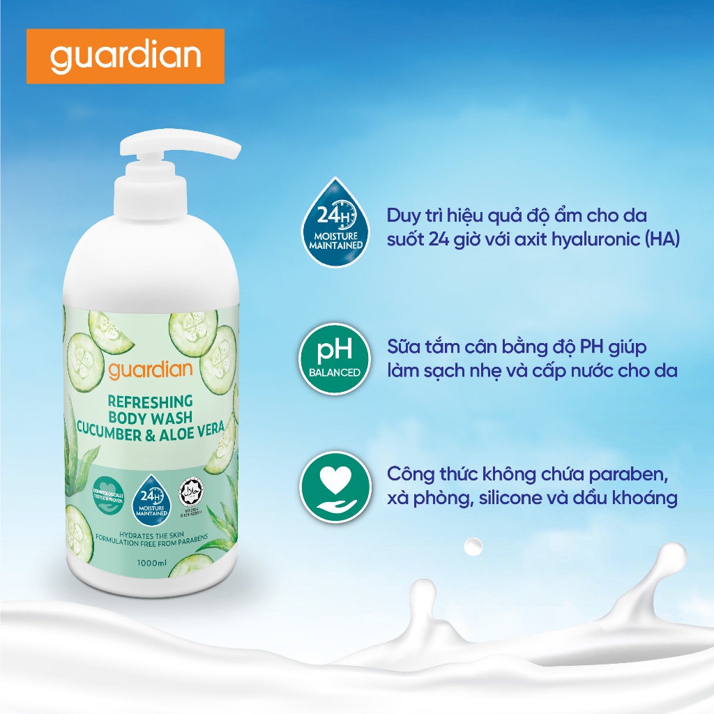 Sữa Tắm Dưỡng Ẩm Tươi Mát Guardian Refreshing Cucumber & Aloe Vera Body Wash Dưa Leo & Nha Đam 1000ml