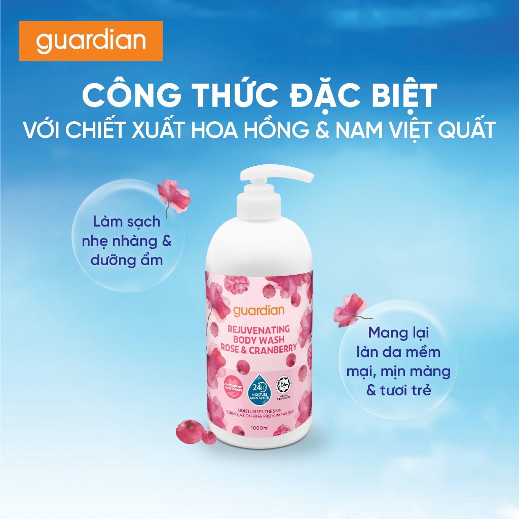 Sữa Tắm Giúp Tái Tạo Da Da Guardian Rejuvenating Rose & Cranberry Body Wash Hoa Hồng & Nam Việt Quất 1000ml