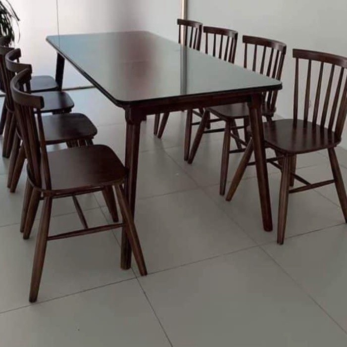 Bàn ghế ăn song tiện gỗ tự nhiên, bàn ăn cơm nâu đỏ, hàng nhập vào 100% hàng hiệu - Bảo hành 12 tháng