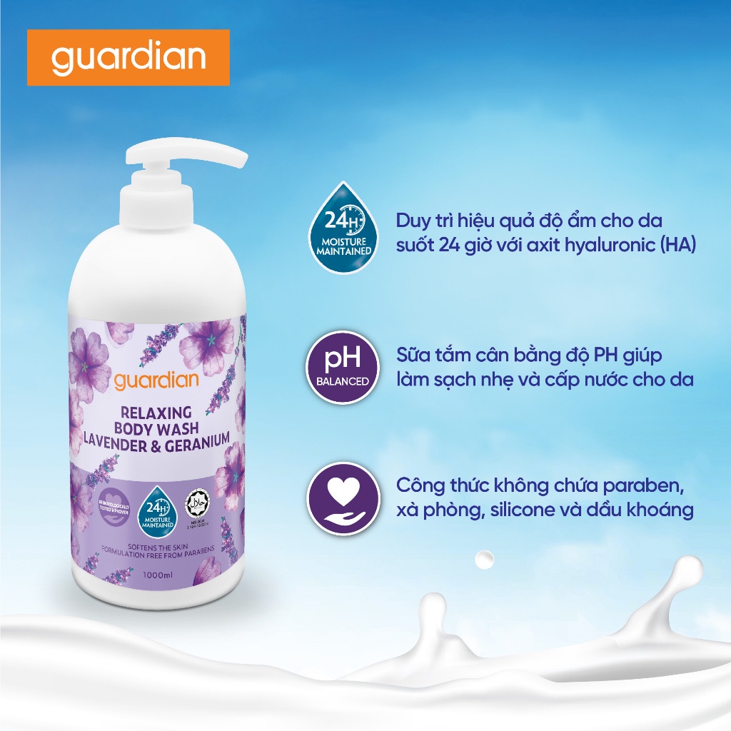 Sữa Tắm Dưỡng Ẩm Thư Giãn Guardian Relaxing Lavender & Geranium Body Wash Hoa Oải Hương & Phong Lữ 1000ml