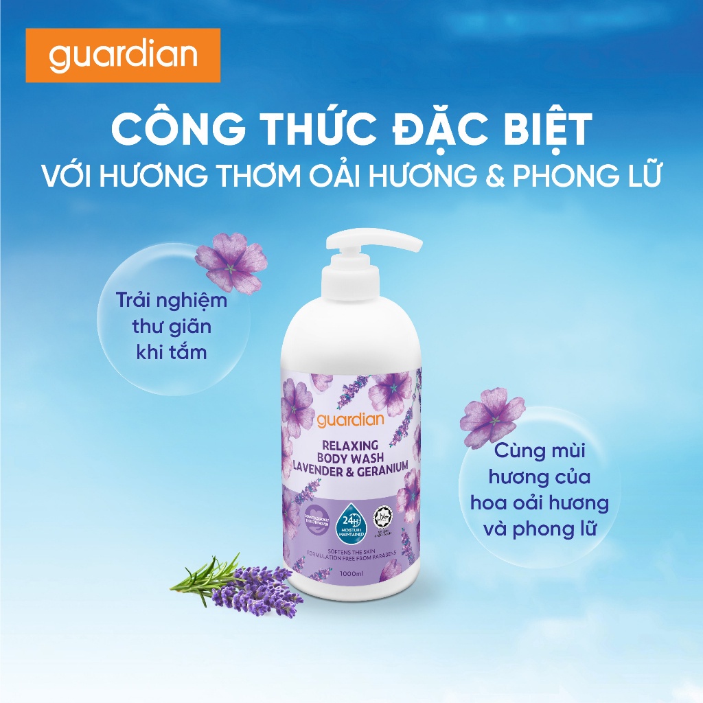 Sữa Tắm Dưỡng Ẩm Thư Giãn Guardian Relaxing Lavender & Geranium Body Wash Hoa Oải Hương & Phong Lữ 1000ml