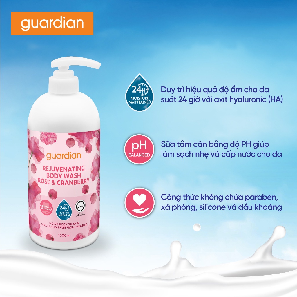 Sữa Tắm Giúp Tái Tạo Da Da Guardian Rejuvenating Rose & Cranberry Body Wash Hoa Hồng & Nam Việt Quất 1000ml