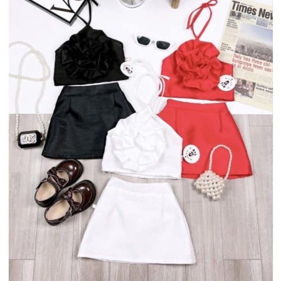 Set bé gái, Set bộ áo cổ yếm hoa hồng chân váy tafta có lót quần siêu đáng yêu cho bé gái SB109